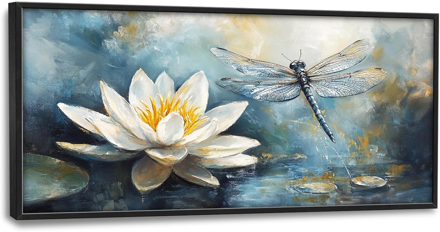 Extra Large Lotus Dragonfly Framed Wall Art for Living Room,Abstract Blue Lotus Flower Lake Pictures Wall Decor,Nature Canvas Print Painting Modern Artwork Bedroom Office Bathroom 60L" x 30W"