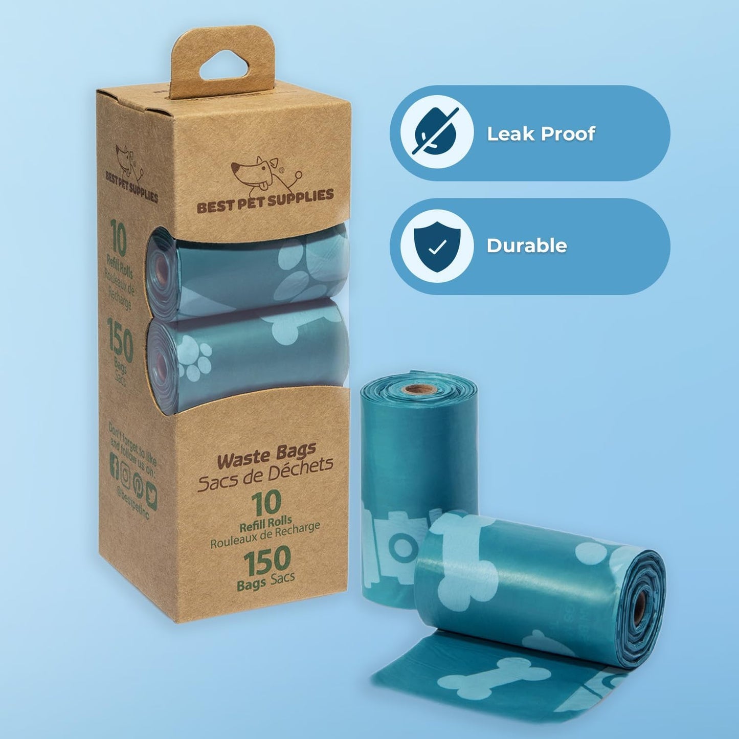 Best Pet Supplies Dog Poop Bags (150 Bags) for Waste Refuse Cleanup, Doggy Roll Replacements for Outdoor Puppy Walking and Travel, Leak Proof and Tear Resistant, Thick Plastic - Turquoise