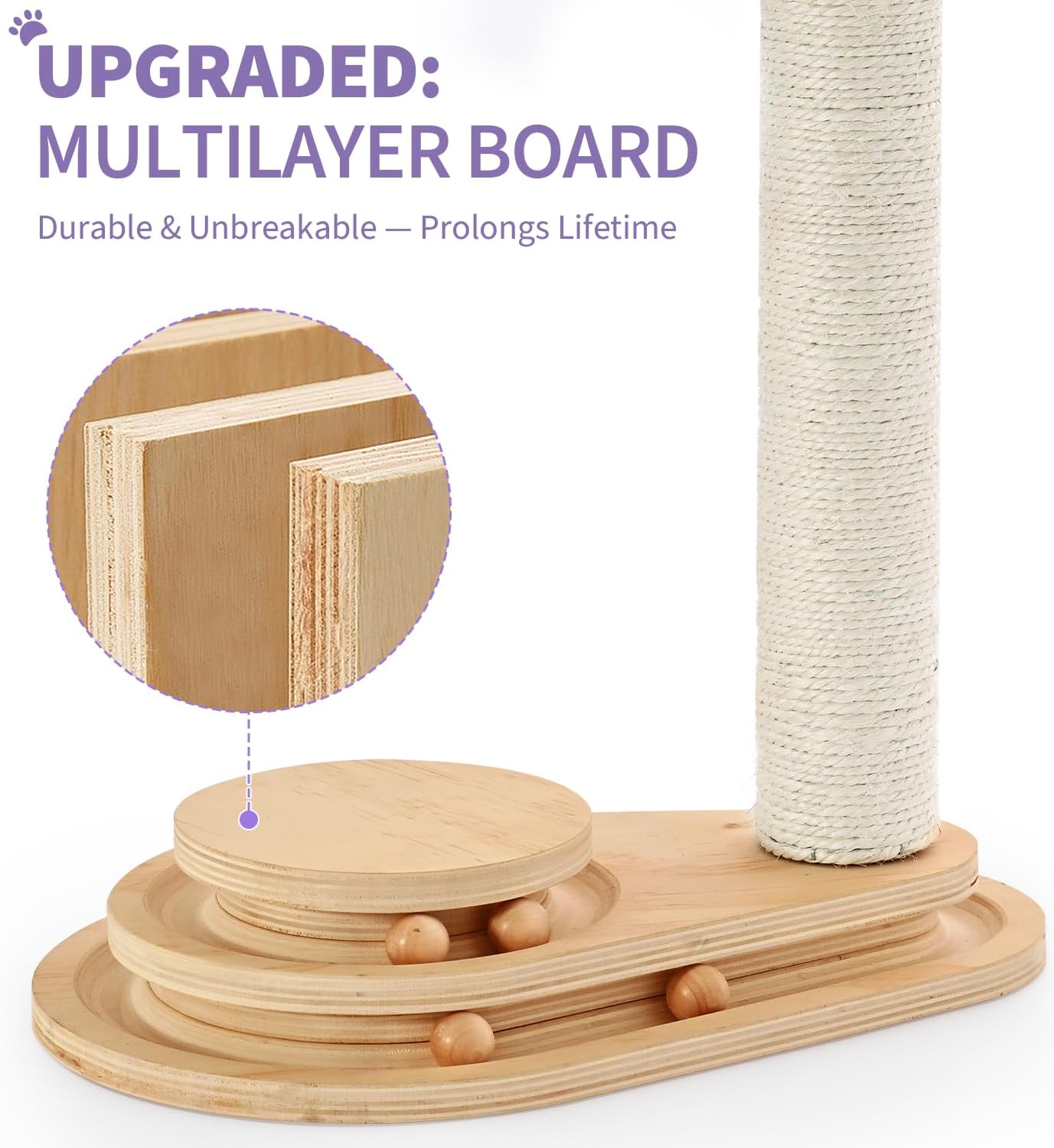 Made4Pets Cat Scratching Post Cat Scratcher Kitten Toys for Indoor Cats Wooden Ball Track Two-Layer Modern Sisal 17.7" Tall Scratch Post Interactive Toy with Dangling Ball