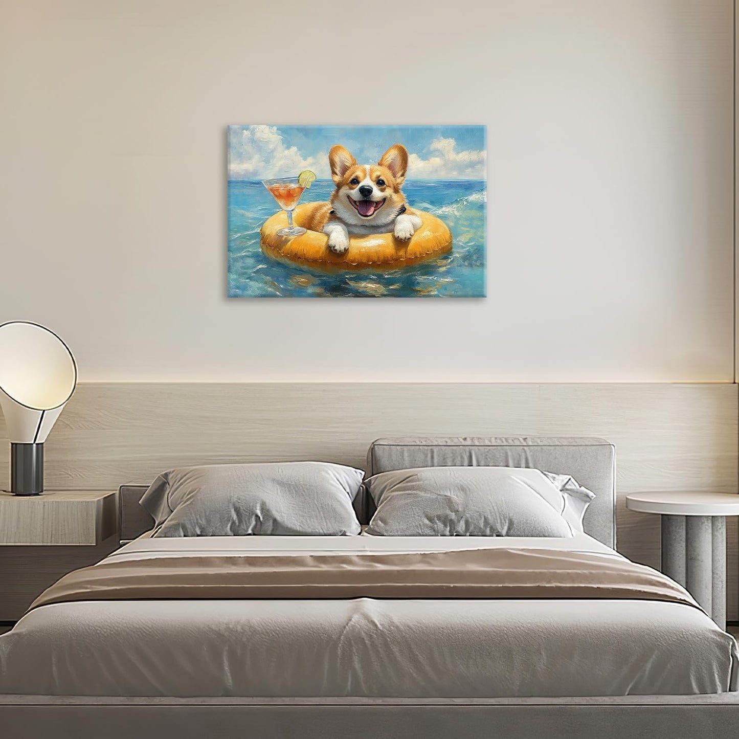 Ocean Funny Corgi Dog Pictures Wall Art, Bathroom Cute Dog Wall Decor Sea Coastal Framed Painting Beach Canvas Artwork for Bathroom Bedroom Living Room Decorations 24"L x 16"W