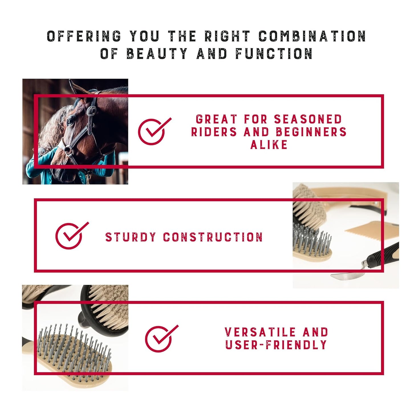 Weaver Equine 6-Piece Horse Grooming Kit, Ergonomic Gentle Horse Care Kit, Equestrian Supplies for Bathing Support, Detangling, and More, Black/Tan