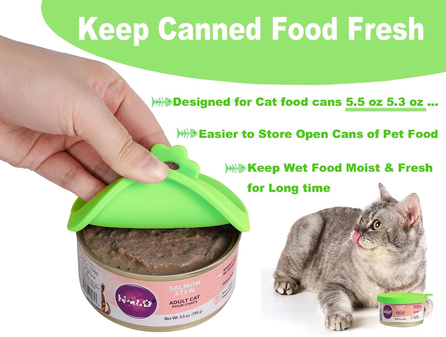 Comtim Cat Food Can Covers Lids for 5.5 oz Cans, 2 Pack Silicone Cat Food Can Lids for 5.5 oz 5.3 oz Cans...Pet Food Can Covers Reusable Can Toppers Savers for Wet Food (Green)