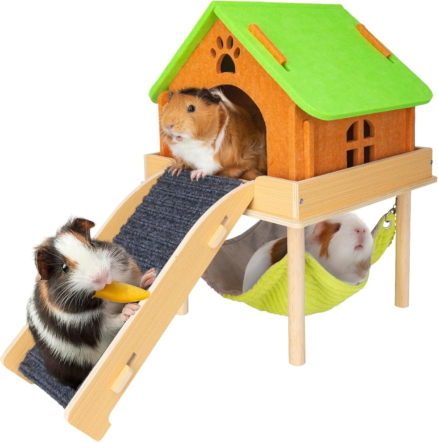 3 in 1 Enlarged Guinea Pig Hammock with House & Platform,Wooden Guinea Pig Hideout with Hammock & Stairs Small Animal Toys for Hiding Sleeping Activities