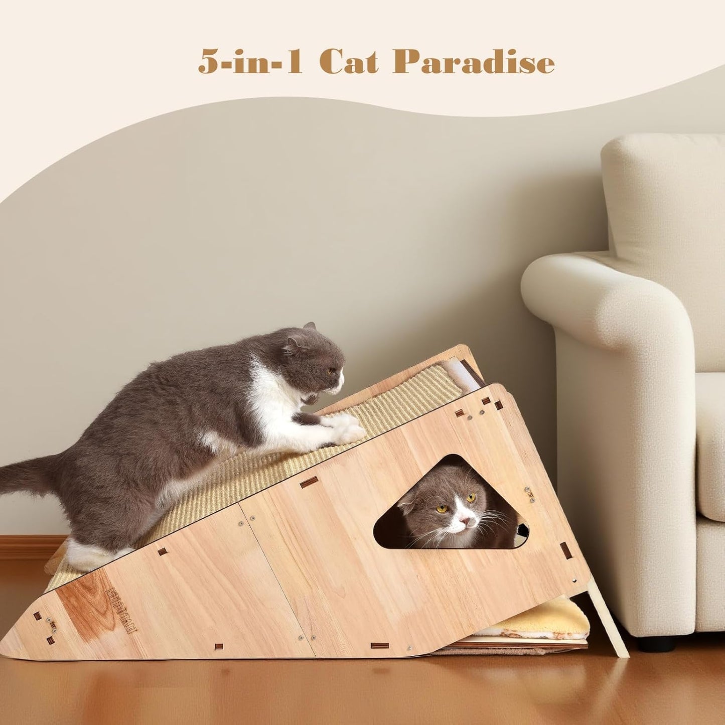 24in Multi-Functional Cat Furniture: Sisal Scratching Posts & Sturdy 3D Wood Frame for Indoor Cats, Integrated Cat Condo Hideout Tunnel All-in-One Space Saver for Multi-Cat & Budget-Friendly