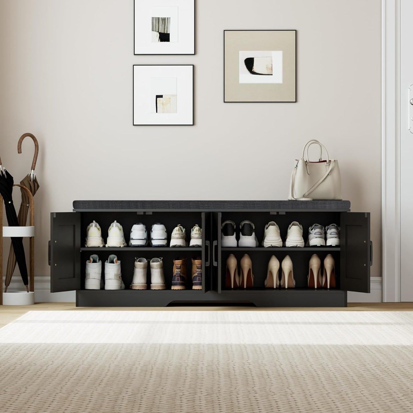 2-Tier Storage Bench, Shoe Bench with Padded Seat Cushion, Entryway Bench with 4 Barn Doors, Adjustable Shelf, 13.8" D x 47.2" W x 17.7" H, for Entryway, Living Room, Bedroom, Black