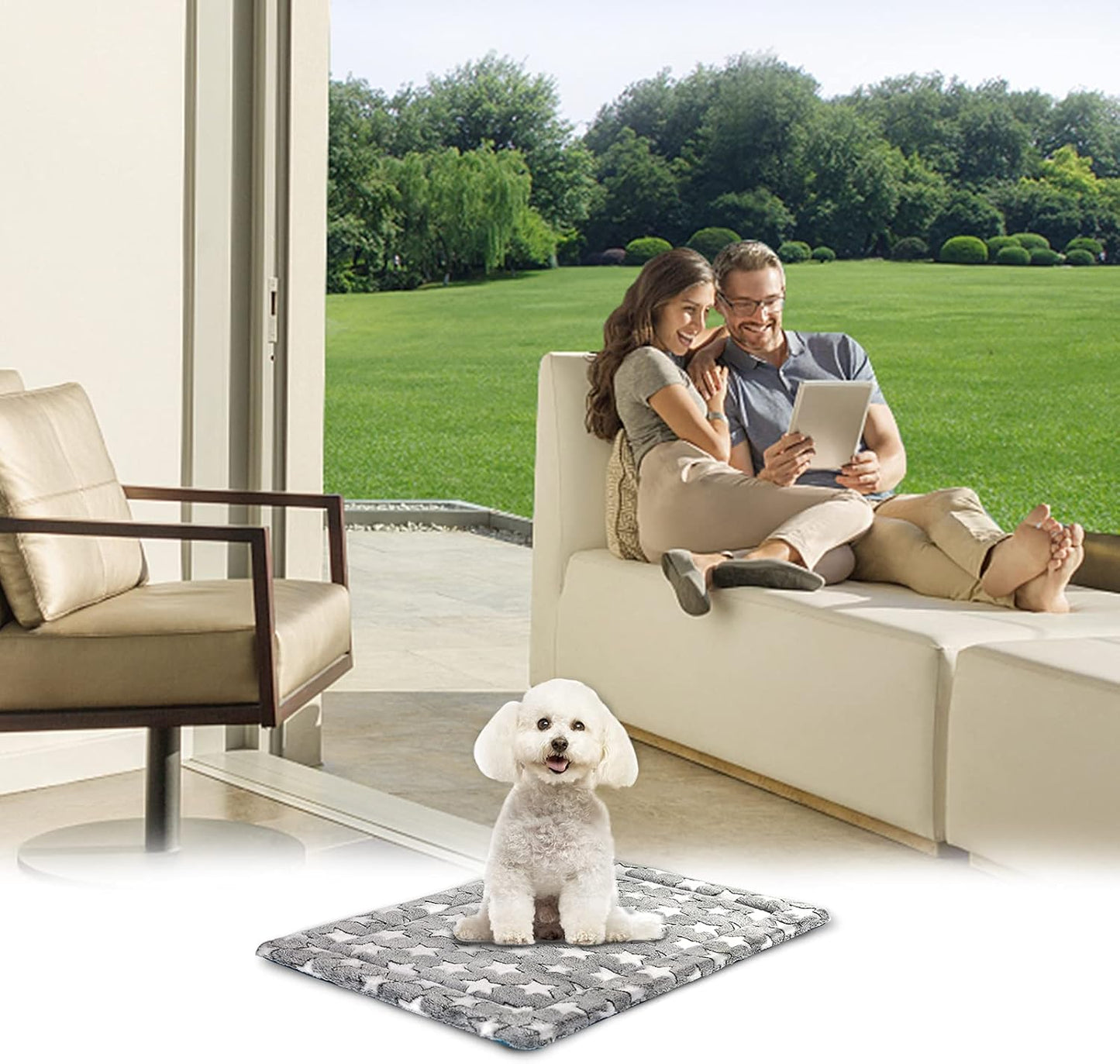 KROSER Fancy Crate Pad Bed Mat Reversible (Cool & Warm), Machine Washable, for Small to XXX-Large Dogs, Grey, Navy, Star Pattern