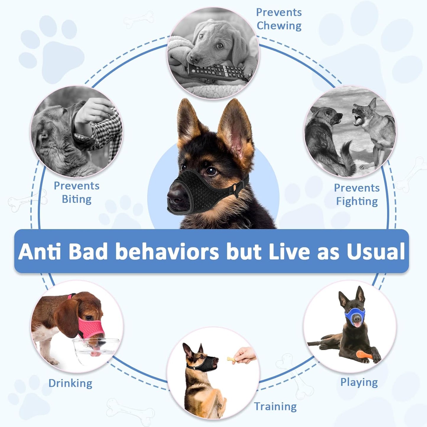 LUCKYPAW Soft Muzzle for Small Medium Sized Dogs, Dog Muzzle to Prevent Biting Chewing, Adjustable Breathable Mouth Guard for Grooming Walking Training(Blue, XS)