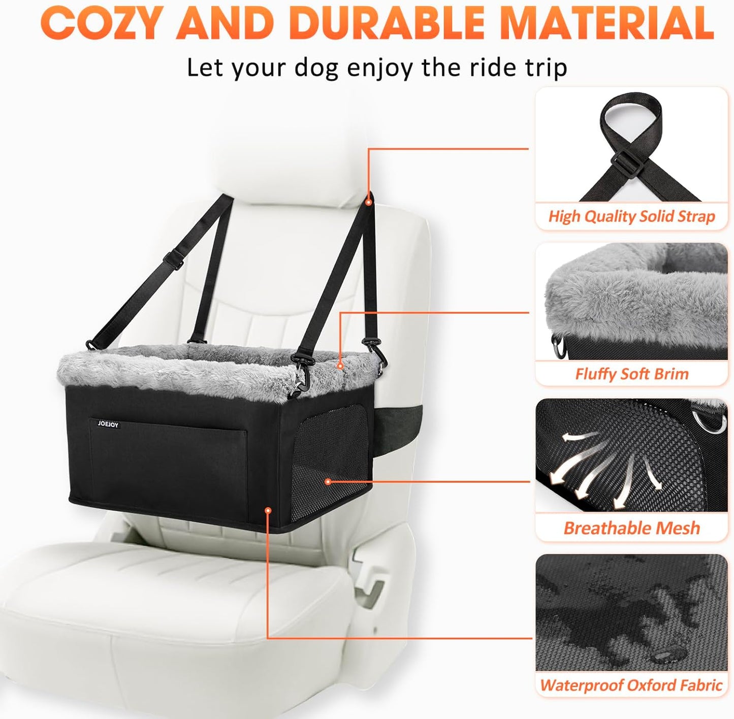 JOEJOY Deluxe Dog Booster Seat with Sturdy Metal Frame and Safety Leash for Small Pets up to 20 lbs - Portable Puppy Dog Car Seat with Thick Cushion and Storage Pockets for Small Dogs, Black