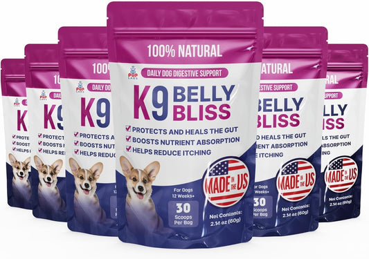K9 Belly Bliss, All-Natural Gut Health for Dogs, Vet Approved Prebiotic for Dogs for Daily Digestive Support & Dog Constipation Relief, Topper for Dry & Wet Food, 6 Pack with 30 Scoops Each.