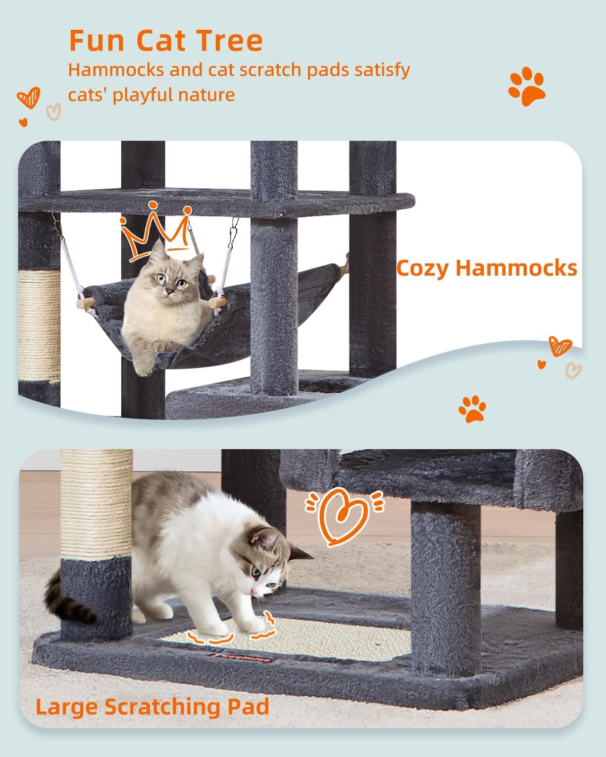 Taoqimiao Cat Tree, 68-Inch Cat Tree Cat Tower for Indoor Cats, Plush Multi-Level Cat Condo with 6 Scratching Posts, 2 Perches, 2 Caves,Hammock, 3 Pompoms,MS020SG Smoky Gray