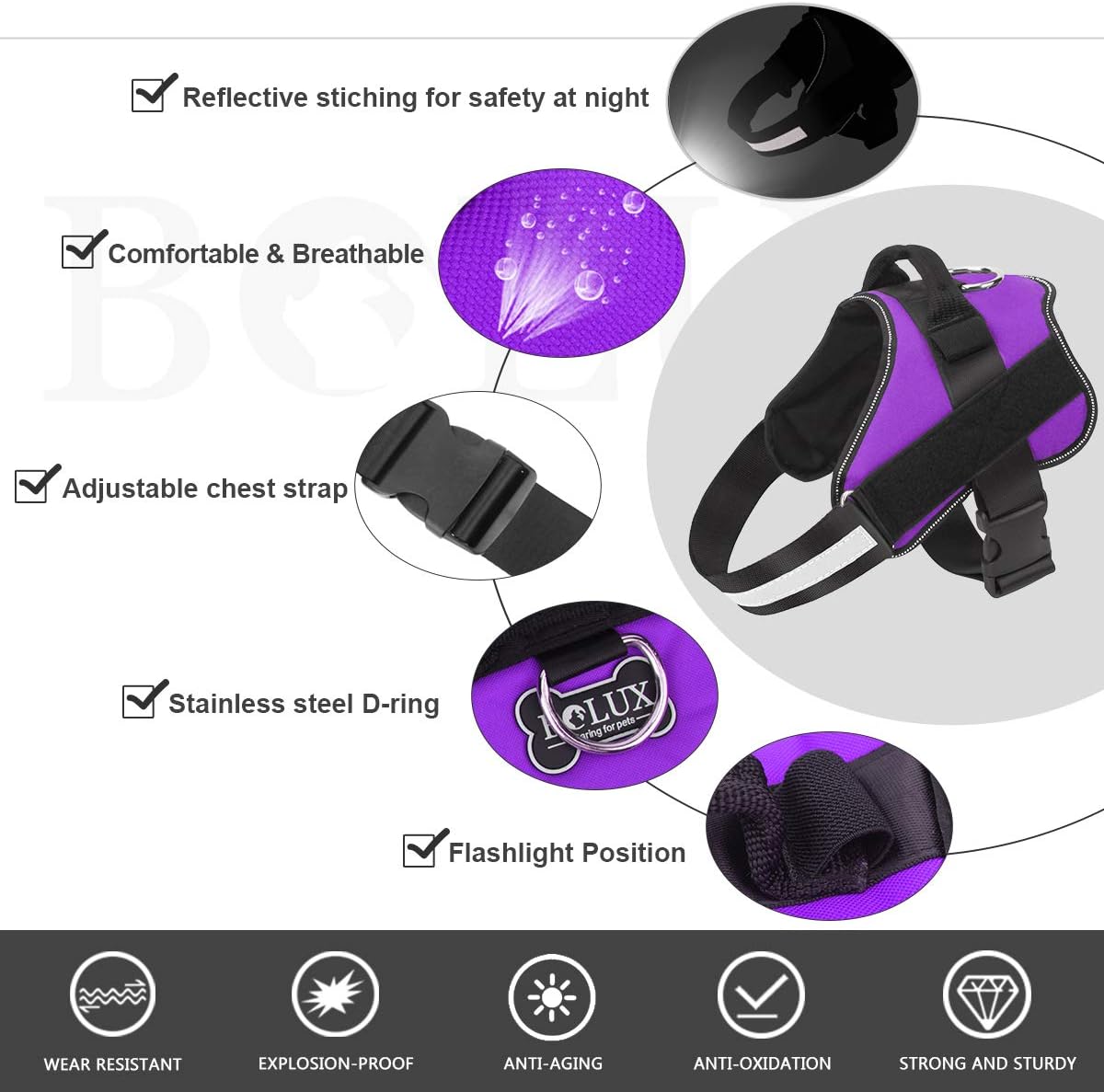 Bolux Dog Harness, No-Pull Reflective Dog Vest, Breathable Adjustable Pet Harness with Handle for Outdoor Walking - No More Pulling, Tugging or Choking (Purple, XL)