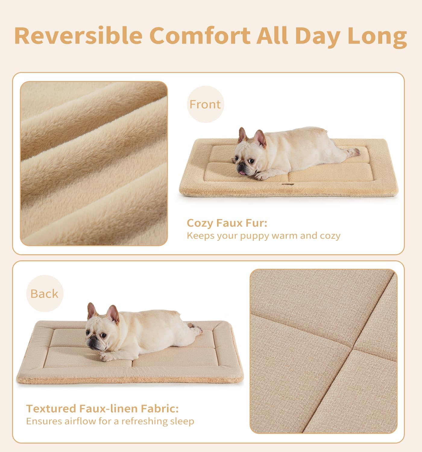 Made4Pets Dog Crate Pad Bed for Medium Dogs, Washable & Reversible, Anti-Slip Kennel Mat for Cozy Sleeping, Soft Fluffy Dog Bed for Indoor & Outdoor Use, 29"x21", Khaki