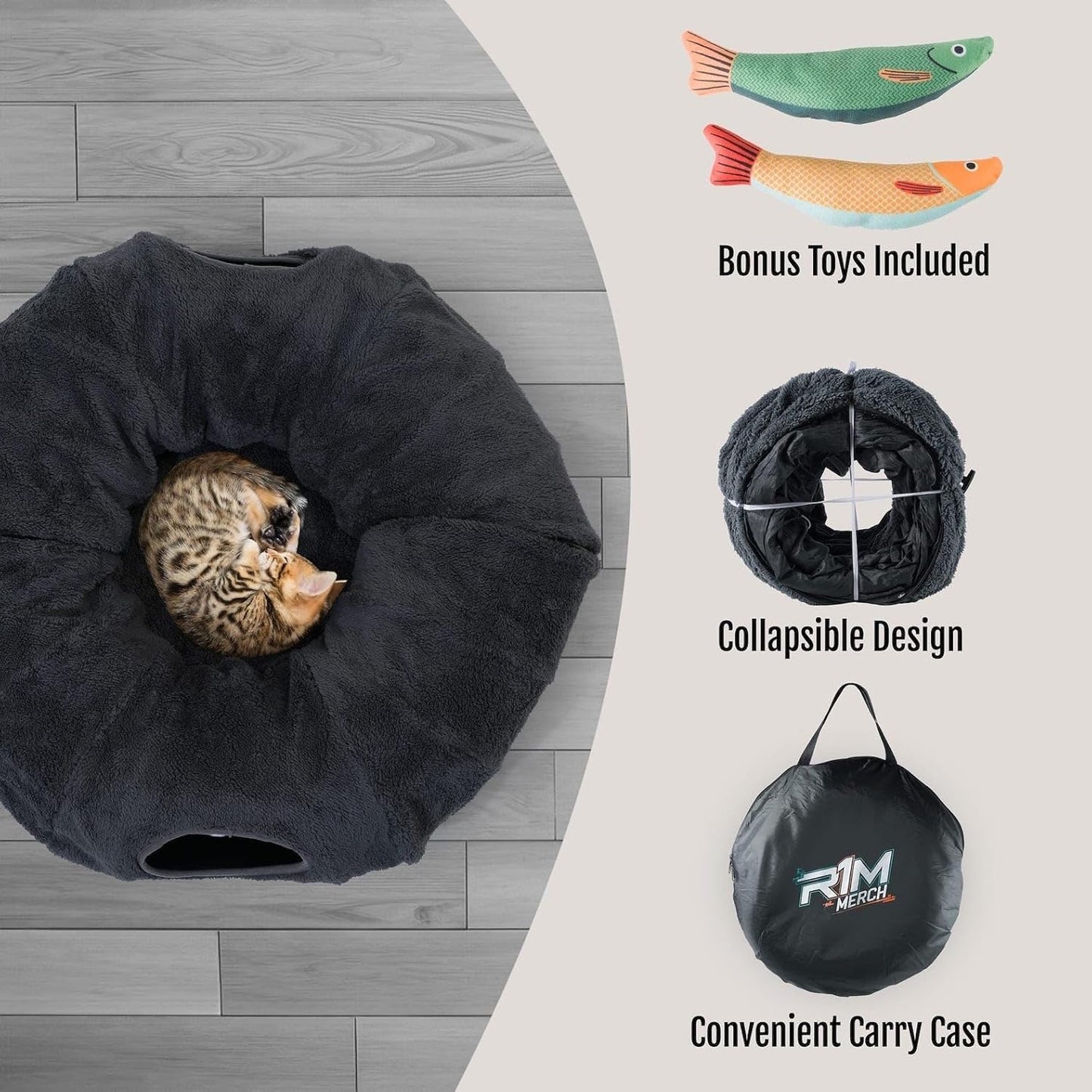 R1M Cat Tunnel Bed for Indoor Cats, Cute Cat Donut Tunnel Toys for Small, Larger Cats with Two Fish Cat Toys, Round Pet Peekaboo Cave Toy for Kitten, Dark Grey