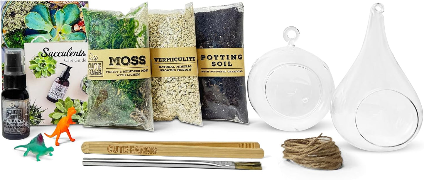 Cute Farms Terrarium Starter Kit with Glass | Moss, Vermiculite, Soil, Plant Food, Finishing Tool, Miniature Dinosaurs, Build and Care Guide