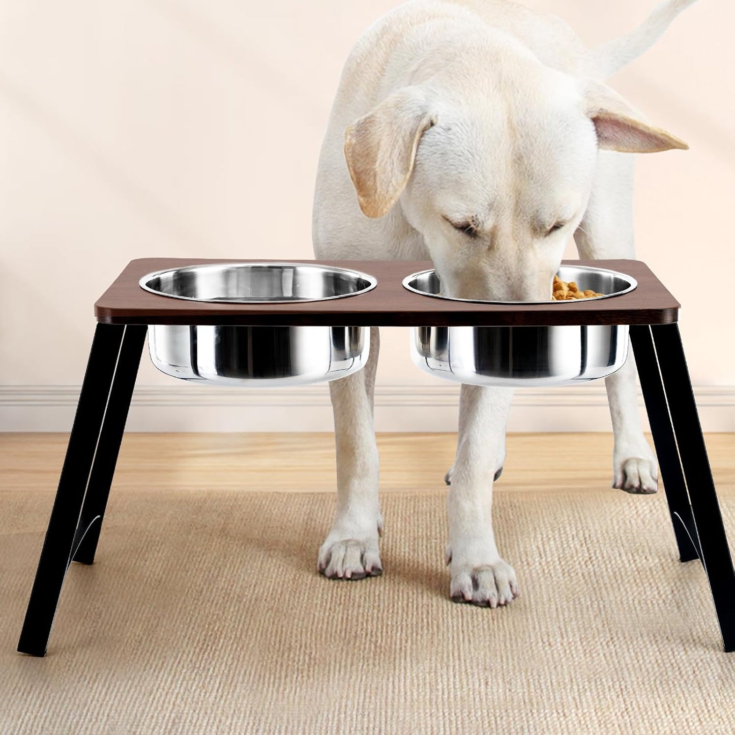 Elevated Dog Bowls for Medium and Large Dogs Wood Raised Bowl Stand with Two 1700ML (58oz) Stainless Steel Dog Food and Water Bowls,Non-Slip