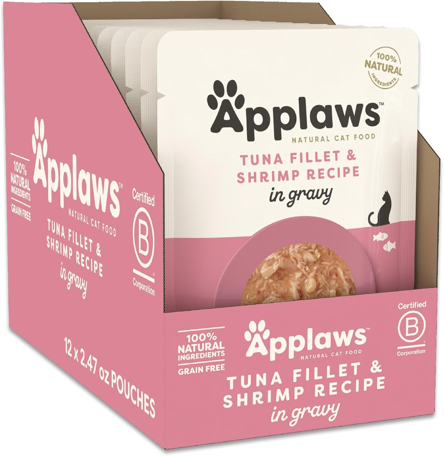 Applaws Natural Wet Cat Food in Gravy, Limited Ingredient Wet Cat Food Pouches, No Additives, Made with Natural Ingredients, Tuna with Shrimp in Gravy (12 x 2.47oz Pouches)