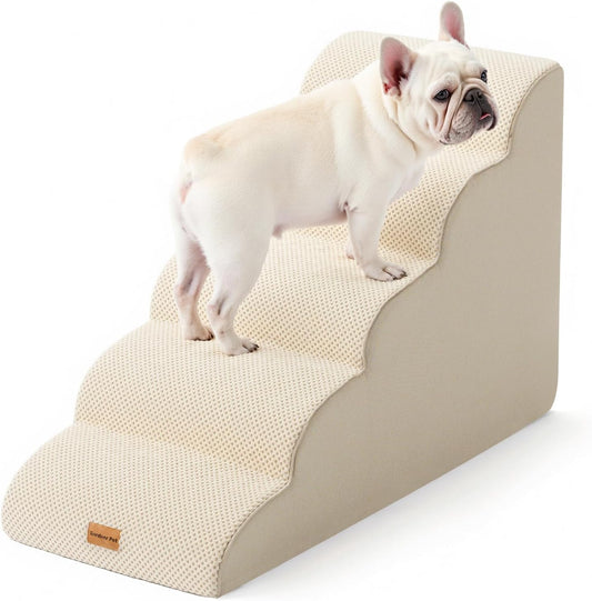 Gardner Pet Dog Stairs for Small Dogs 22.8" H, 5-Step Beige Curved Pet Stairs, Dog Steps for High Bed, Couch (24-30 in) with Durable Non-Slip Waterproof Fabric Cover and CertiPUR-US Certified Foam
