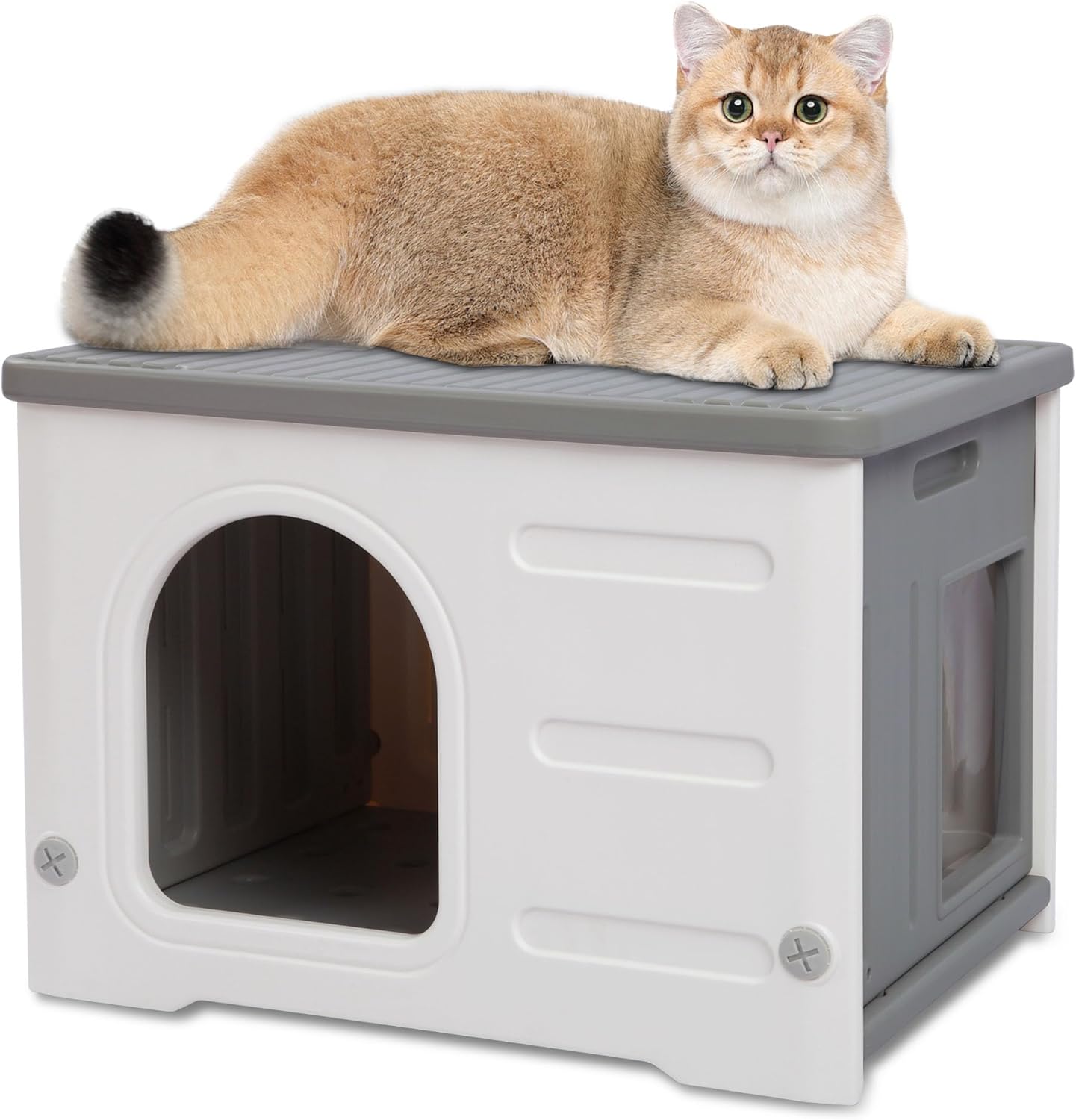 Rockever Plastic Cat House Outdoor with Escape Door, Waterproof Feral Cat House Outdoor Indoor, Sturdy Cat House for Outdoor Cats, Assemble Easily-Grey