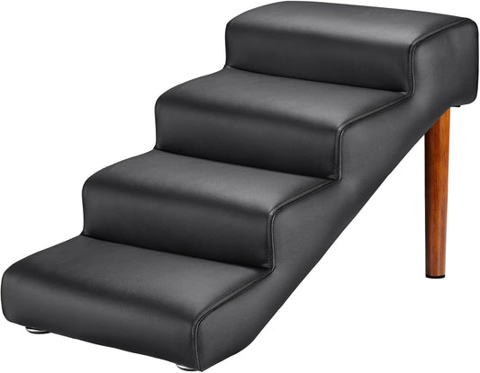 Senneny Black Faux Leather Dog Stairs, for Pets up to 150 lbs, Waterproof, Scratch Resistant Pet Steps/Stairs with High Density Foam and Detachable Wooden Legs, Black, 4 Step