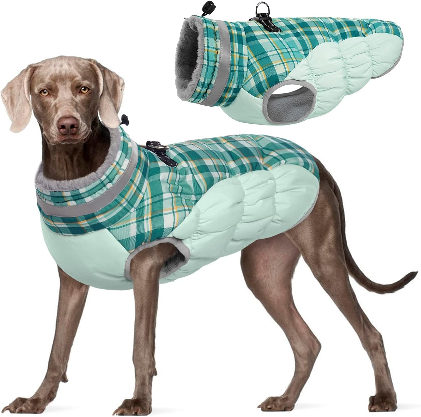 FUAMEY Dog Coat for Large Dogs,Waterproof Dog Winter Jacket with Harness Built in Puppy Cold Weather Coats Reflective Pet Vest with Zipper Warm Fleece Dogs Snowsuit Windproof Green Plaid XXL