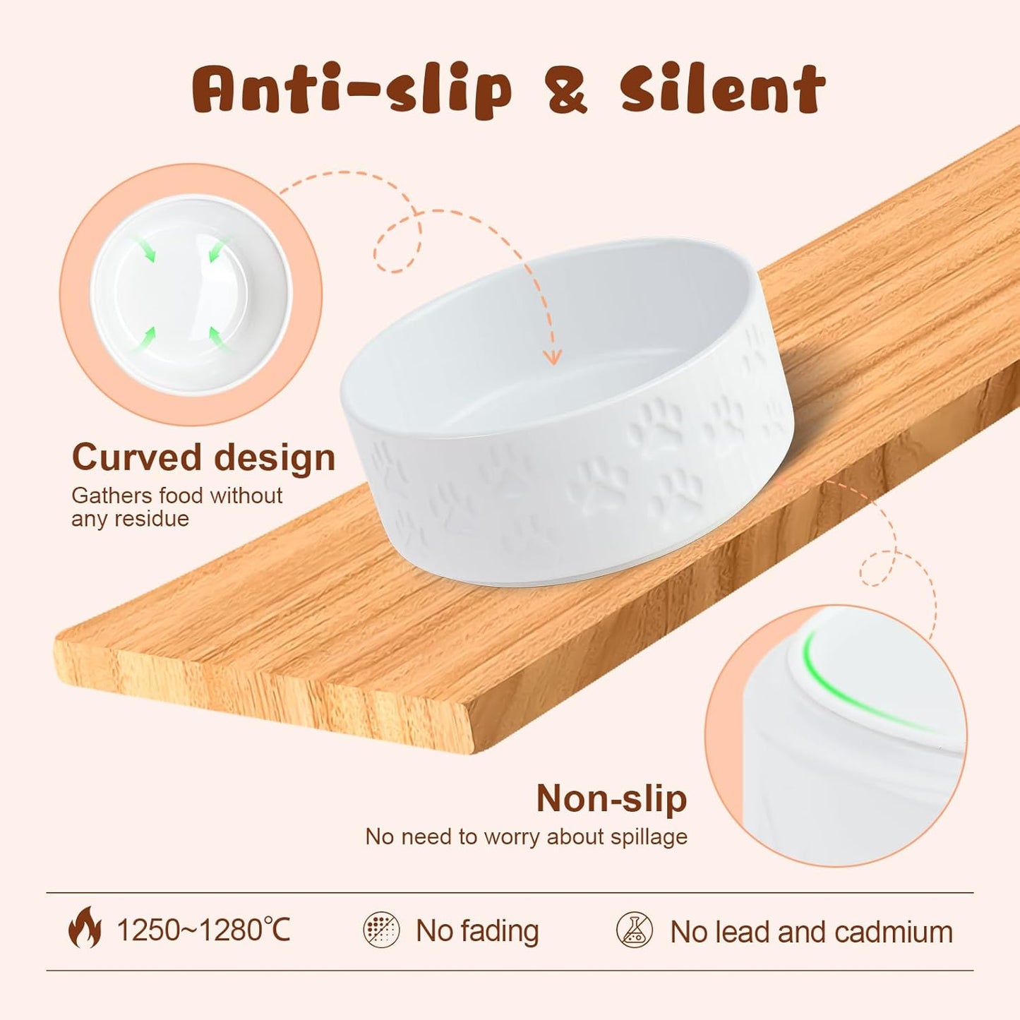 SPUNKYJUNKY Ceramic Elevated Dog Bowl Set with Acacia Wood Stand for Food and Water for Small Medium Sized Dogs (28.74 OZ, White, Dog Paw Pattern)