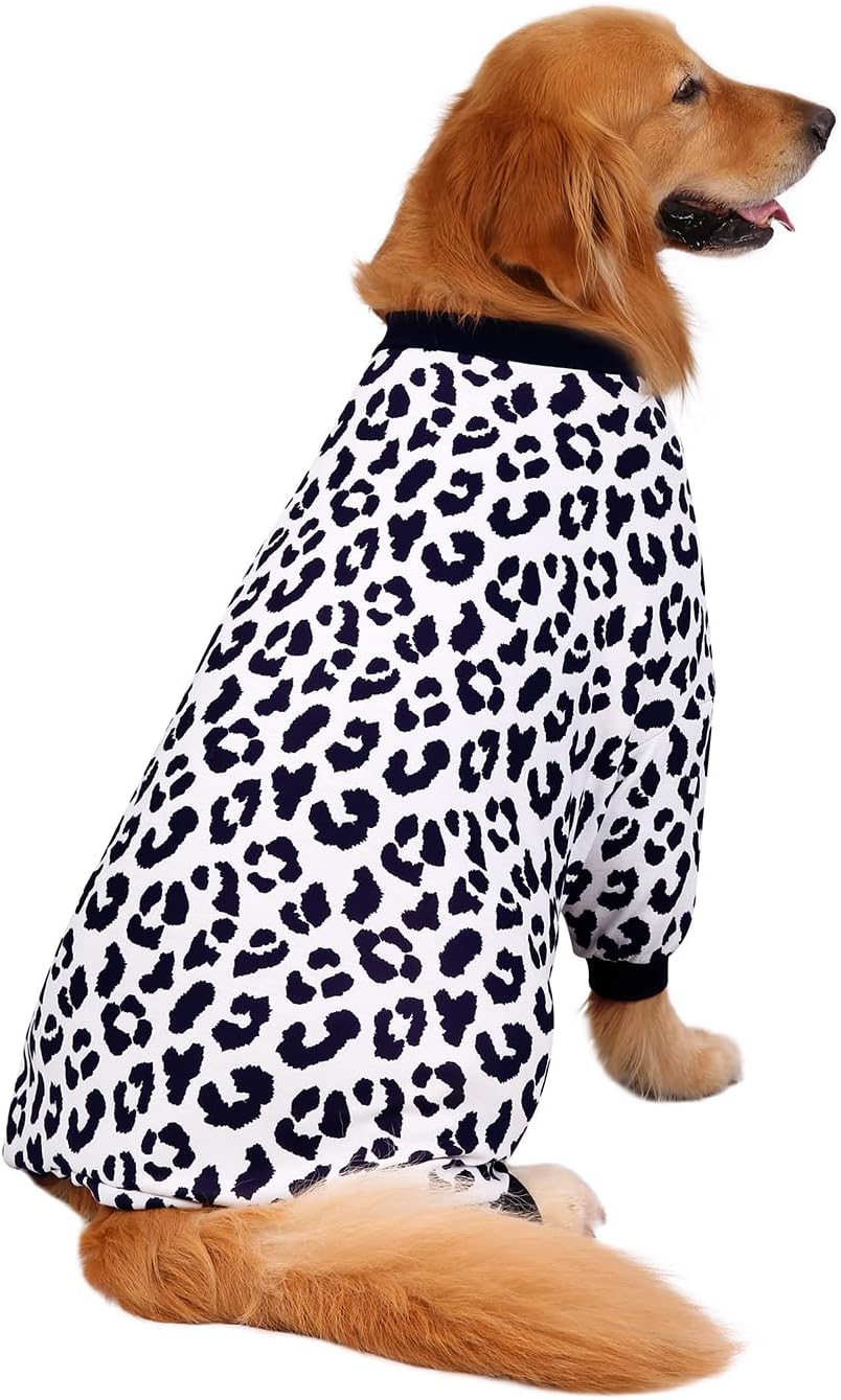 HDE Dog Pajamas One Piece Jammies Jumpsuit Pet Clothes Outfit Stretchy Lightweight Comfy Shirt Pjs for M-3XL Dogs Snow Leopard - M