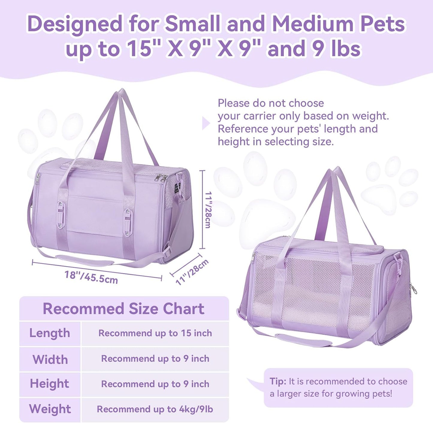 PETSFIT Soft-Sided Cat Carriers & Car Seats with Patent Safe Buckles, Clip-On Harness, 18"x11"x11" Airline Approved Pet Carrier - 9 lbs Capacity (Purple)