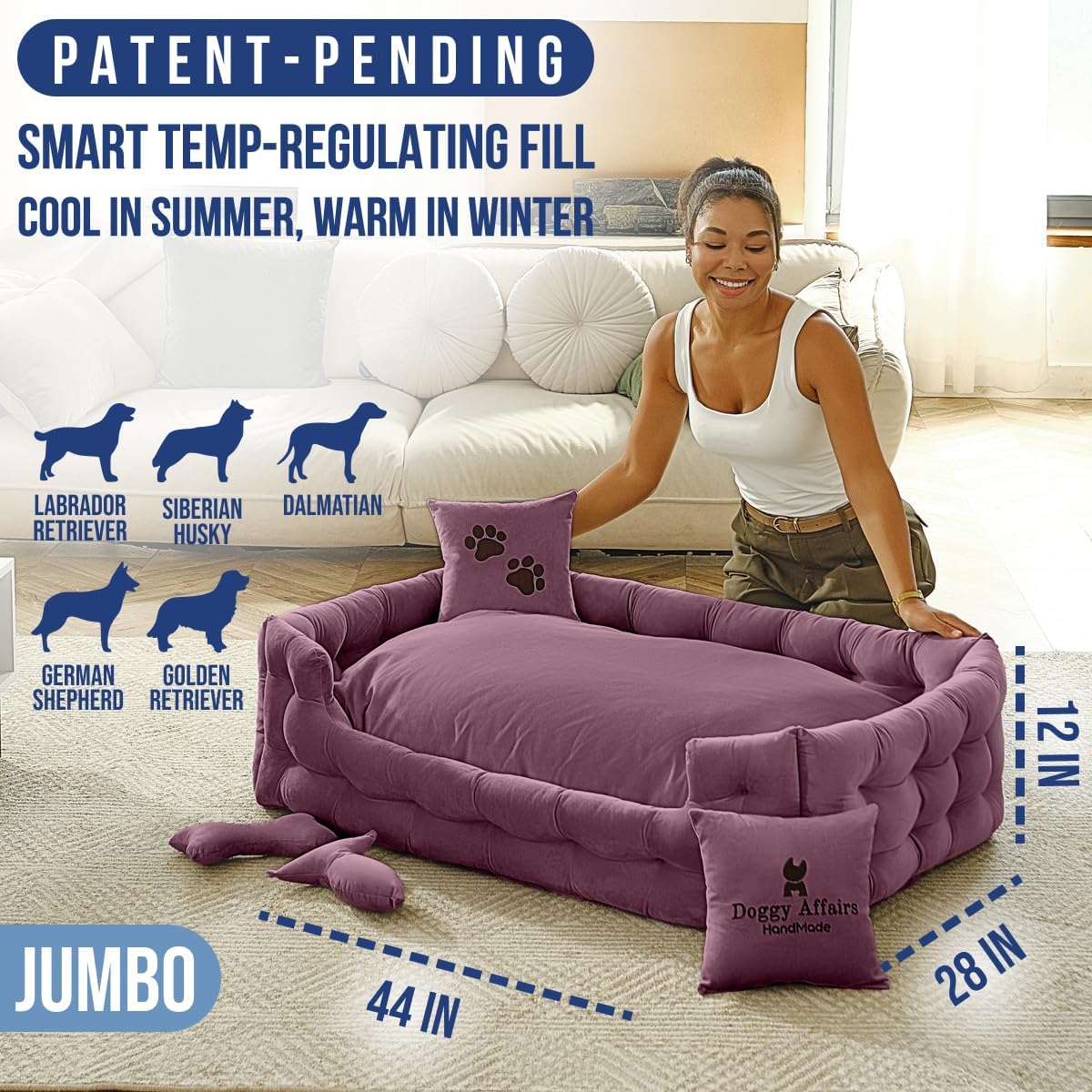 Luxury Dog Bed Chesterfield – Handcrafted Velvet Throne for Dogs | Joint Support, Calming & Temp-Regulating Comfort | Durable 5+ Years, Anti-Claw, Washable 100+ Times – XL, Purple