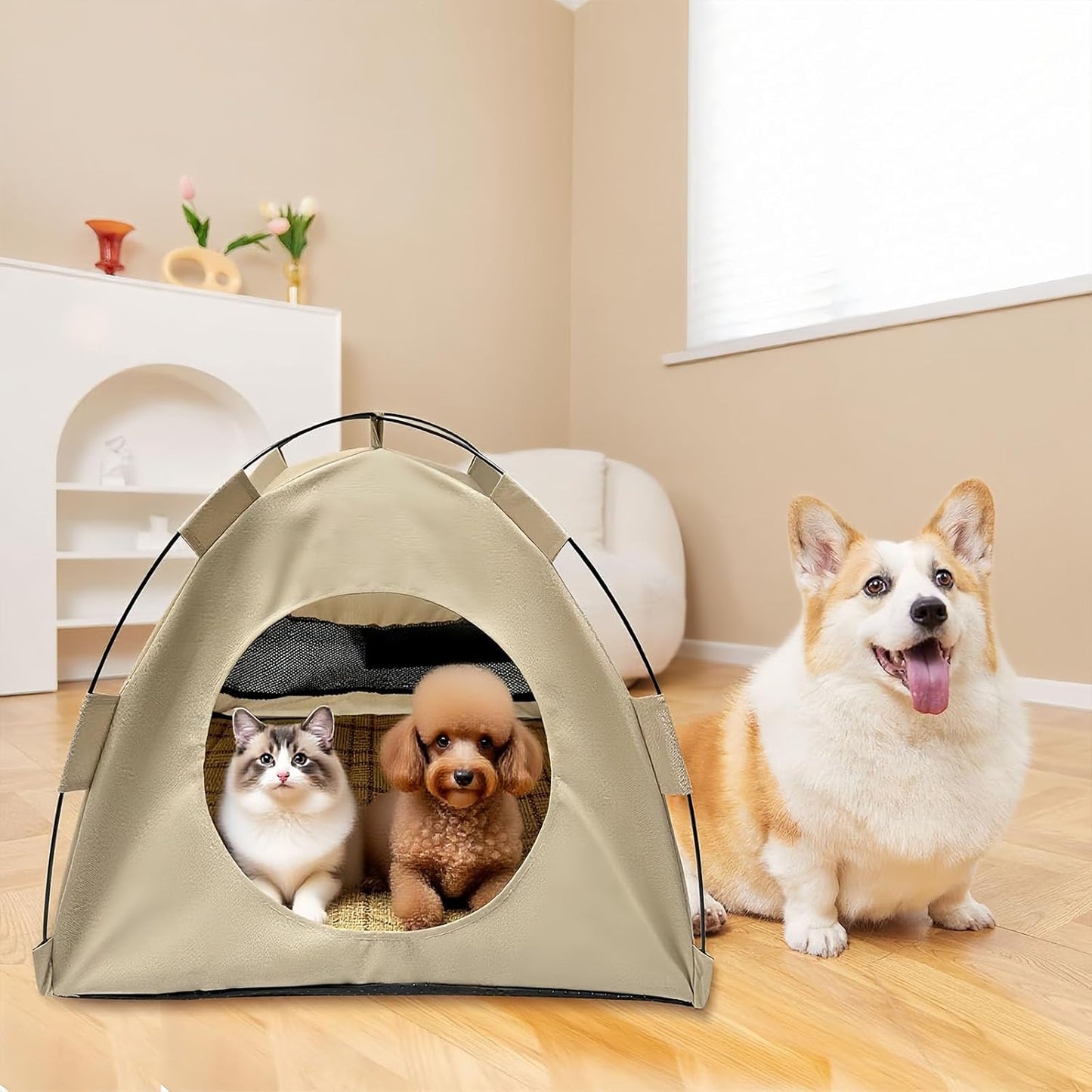BreezyDen Pop-Up Pet Tent – Portable Hideaway for Cats & Small Dogs, Portable Indoor/Outdoor Pet Tent House with Mesh Window, Waterproof, Breathable, Scratch-Resistant, Fully Washable (Brown,M)