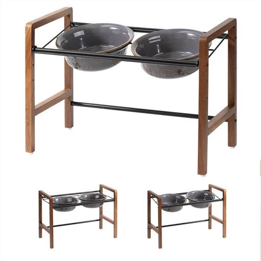 8.7inch Ceramic Adjustable Raised Double Bowls Set with Stand, 3 Heights Elevated, 2 Placement Options,Food and Water Dishes for Large Dog(Double Bowls+Stand, Reactived Glaze -Grey)