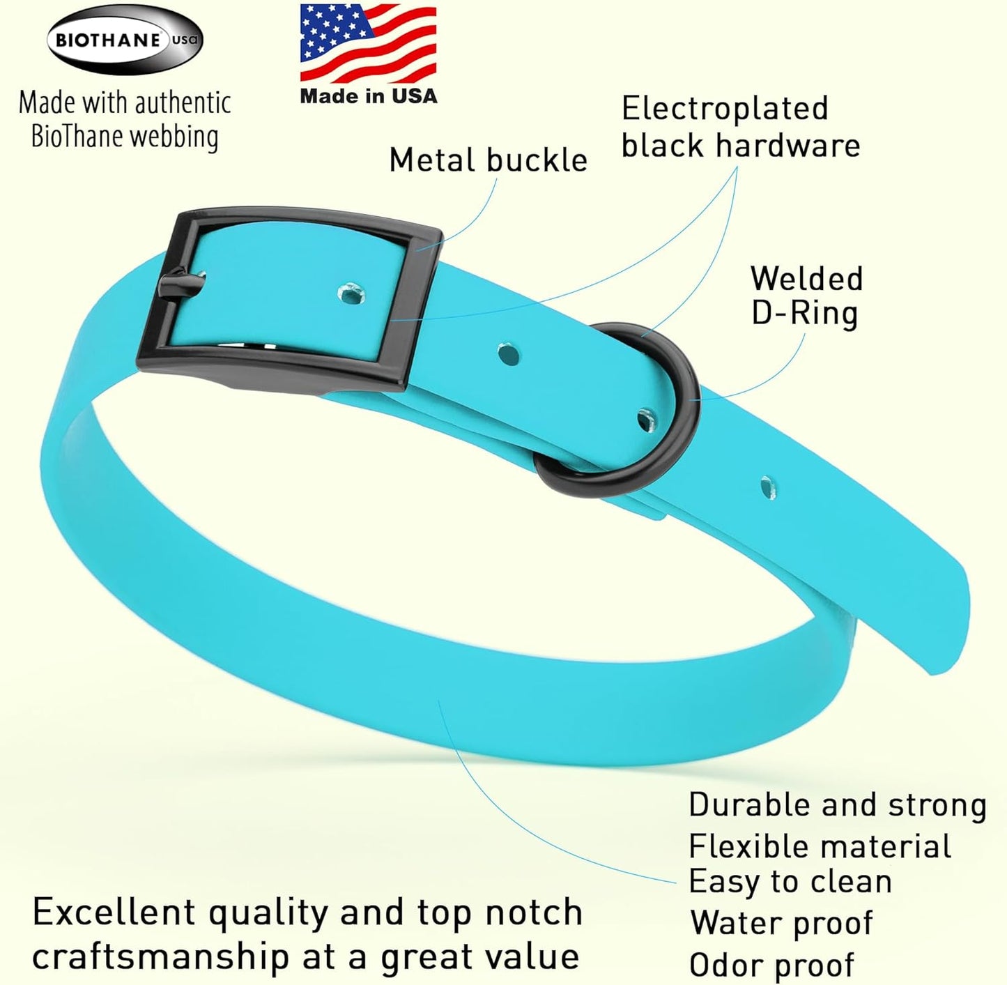 Dogline Biothane Waterproof Dog Collar Strong Coated Nylon Webbing with Black Hardware Odor- Proof for Easy Care Easy to Clean High Performance Fits Small Medium or Large Dogs, Sky Blue