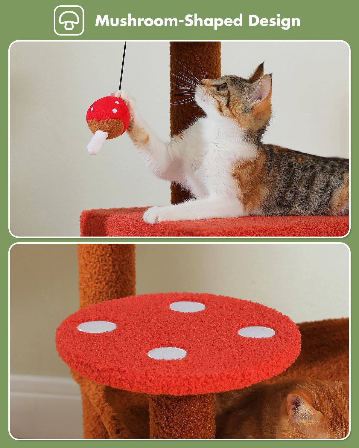 Mushroom Cat Tree Tower with Removable Scratcher, Large Hammock, Condo, Perch, 3 Sisal Posts – Multi-Level Cat Tree for Indoor Cats, Cute Cat Tower for Small Space Homes