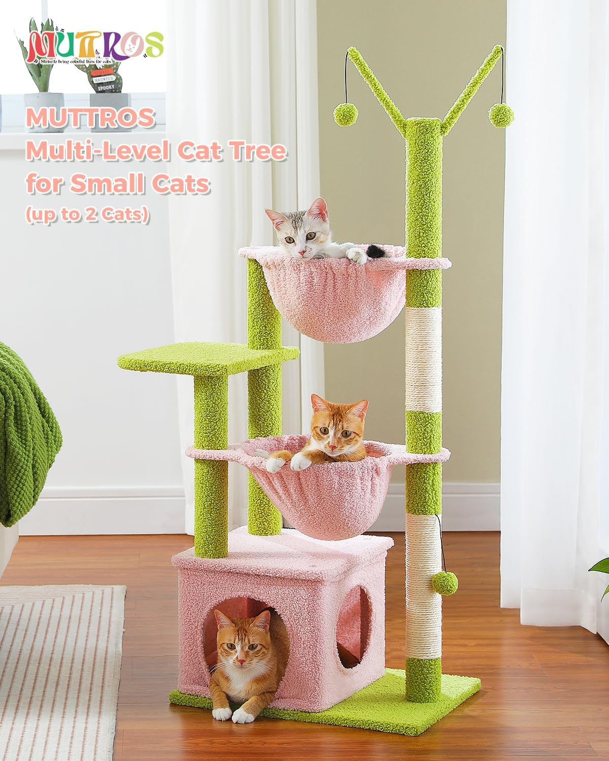 Pink Cat Tree, 47.6" Cat Tower with 2 Metal Frame Hammock, Cat Scratching Post for Indoor Cats with 2 Removable Pompom Sticks for Kittens, Pink