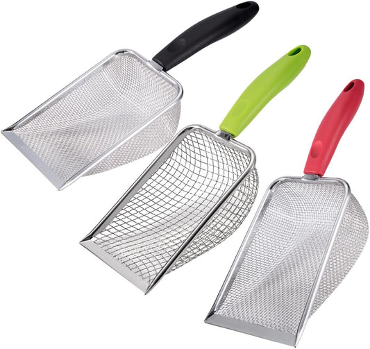 3PCS Cat Litter Scoop, Reptile Stainless Steel Fine Mesh,Litter Cleaner Corner Scoop Sand Sifter (Black-Green-Red)