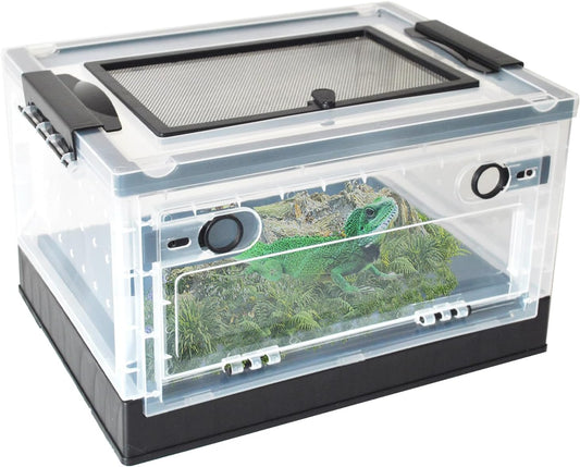 PINVNBY Plastic Reptile Feeding Box with Wheels,Reptiles Breeding Enclosure Cages Transparent Amphibians Habitat Terrarium Tank Portable Transport Container for Lizard,Bearded Dragon(Black)