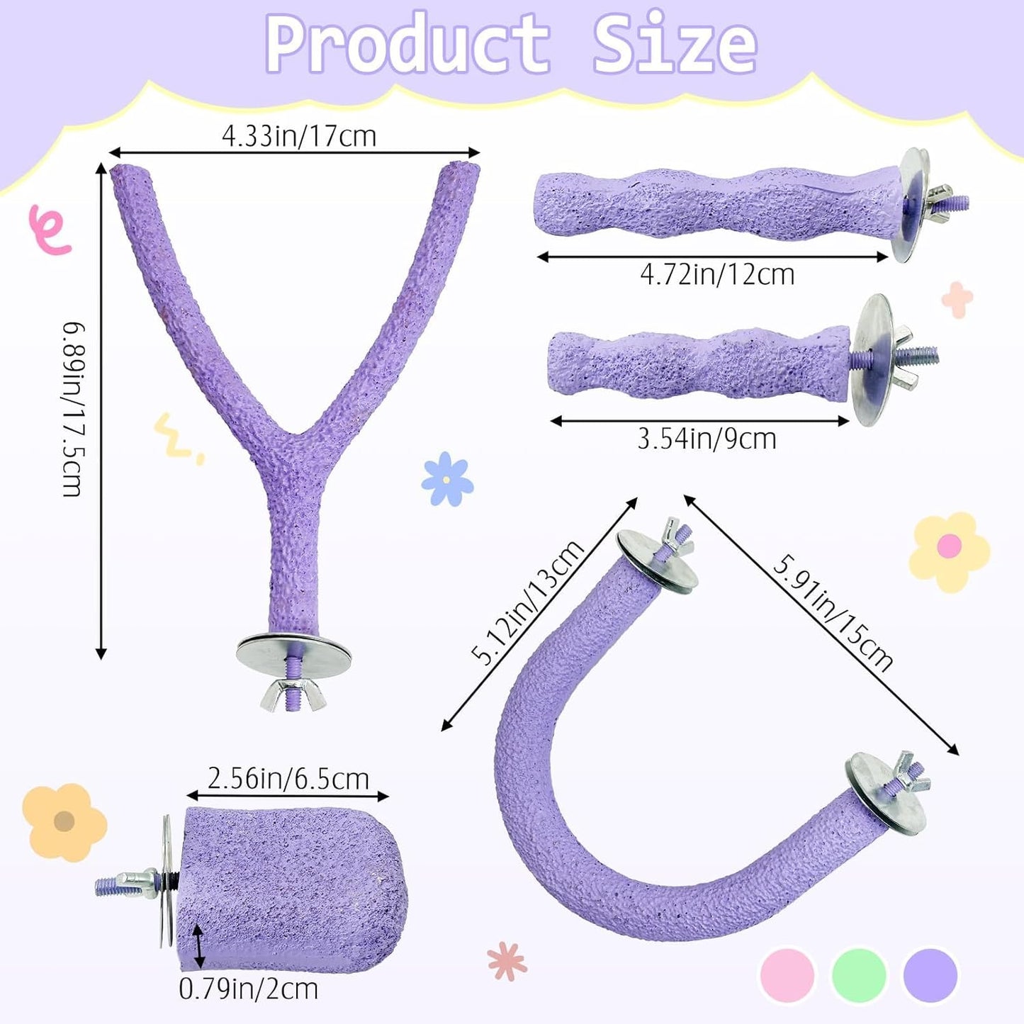 PINVNBY 5 Pack Bird Perch Resin Bird Beak Grinding Stone Parrot Cage Perch Stand Platform Foot Claws Trimmer Chew Toy Bird Cage Accessories for Budgie Cockatiel Conure Lovebird Finch (Purple)