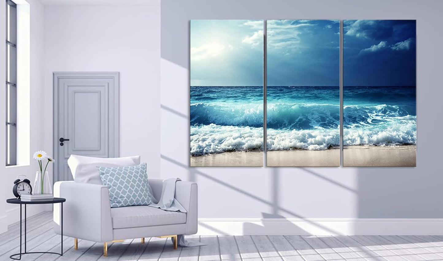 Nature Wall Art Prints - Ocean Forest Mountain Lake Canvas Landscapes - Small to Extra Large Living Room Bedroom Kitchen Bathroom Décor (Summer Ocean Beach, 55L" x 83W"- 3 Panels)