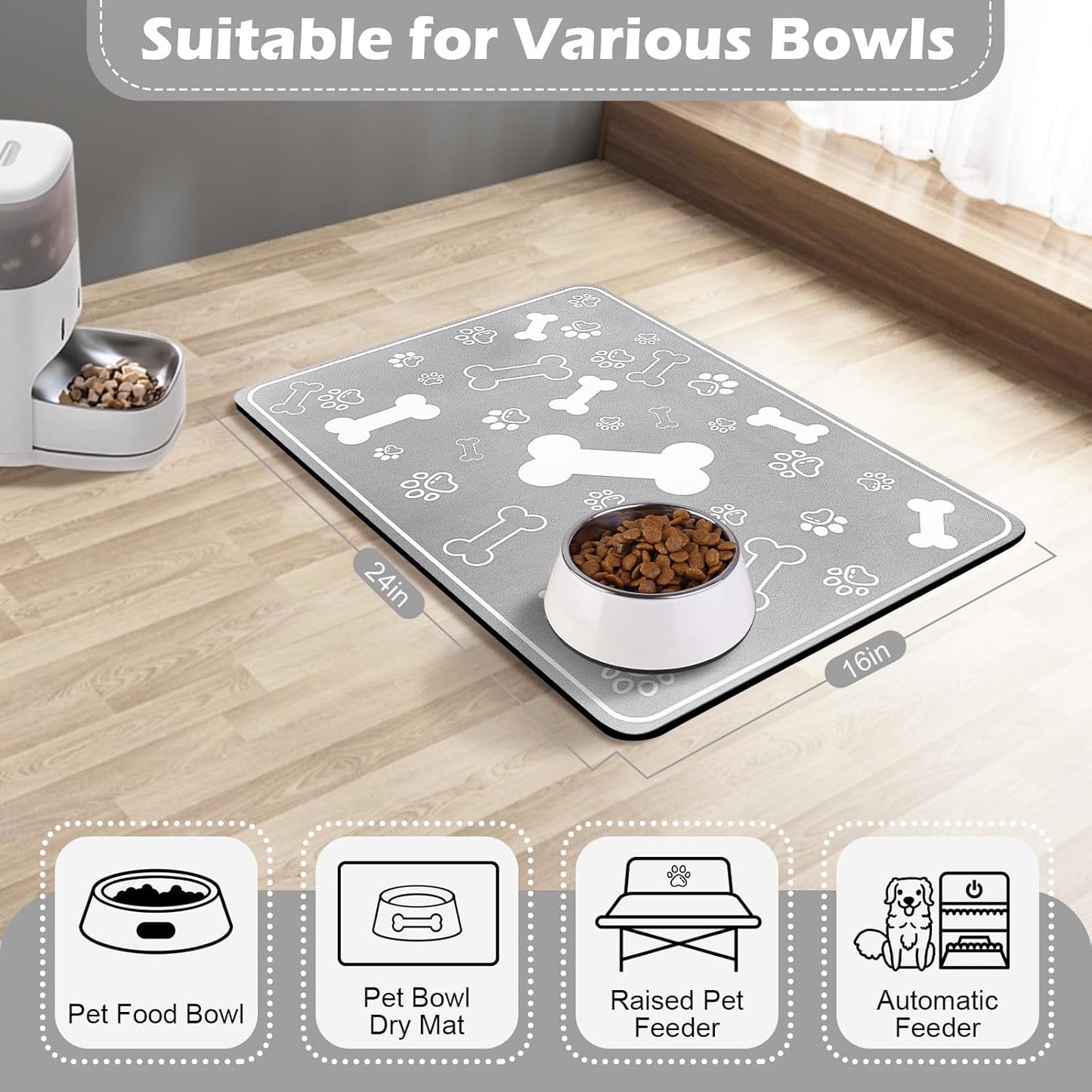 Pet Feeding Mat,Rapid Absorbent Mats for Dog Cat Food, Dog Placemat Water Bowl Mat with Rubber Backing,Messy Drinkers to Protect Floors, Pet Accessories 16"×24" Grey
