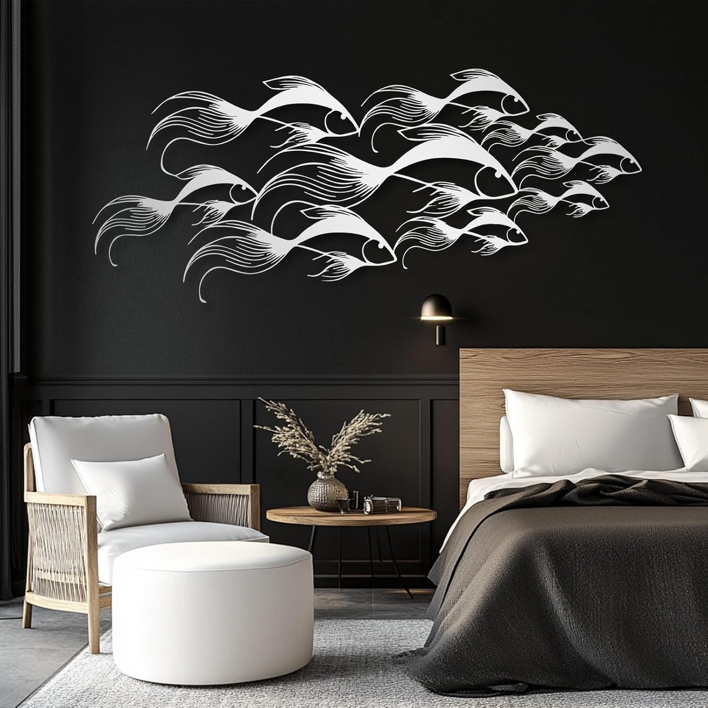 School of Fish Metal Wall Art, Metal Fish Wall Decor, Sea Life Wall Art, Large Nautical Wall Hanging, Modern Beach House Wall Decor, Ocean Themed Artwork for Bathroom (Silver, 24"x10" | 60x25cm)