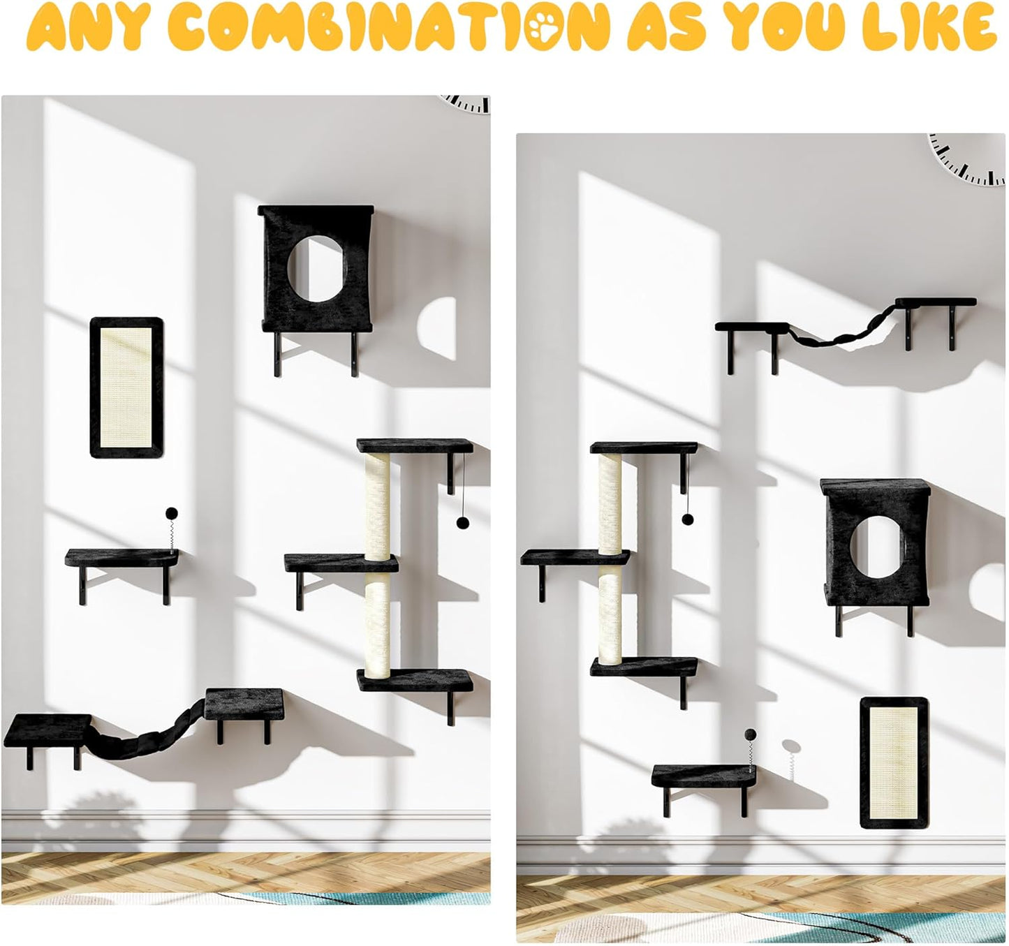 NUNU LAB Cat Wall Shelves, 10-in-1 Wall-Mounted Cat Furniture Set, Large Cat Climber Set with House, Bridge, Steps, Scratcher, DIY Playground, Shelves for Indoor Wall Furniture Set - Black