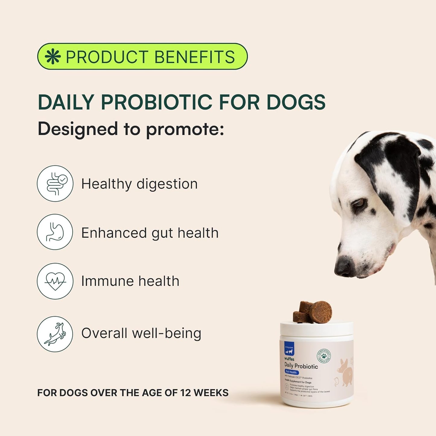 Wuffes Daily Probiotic for Dogs - Supports Digestive Health, Gut Balance, and Immune System - with Prebiotics, Marshmallow Root, and Pumpkin Powder - 60 Soft Chews