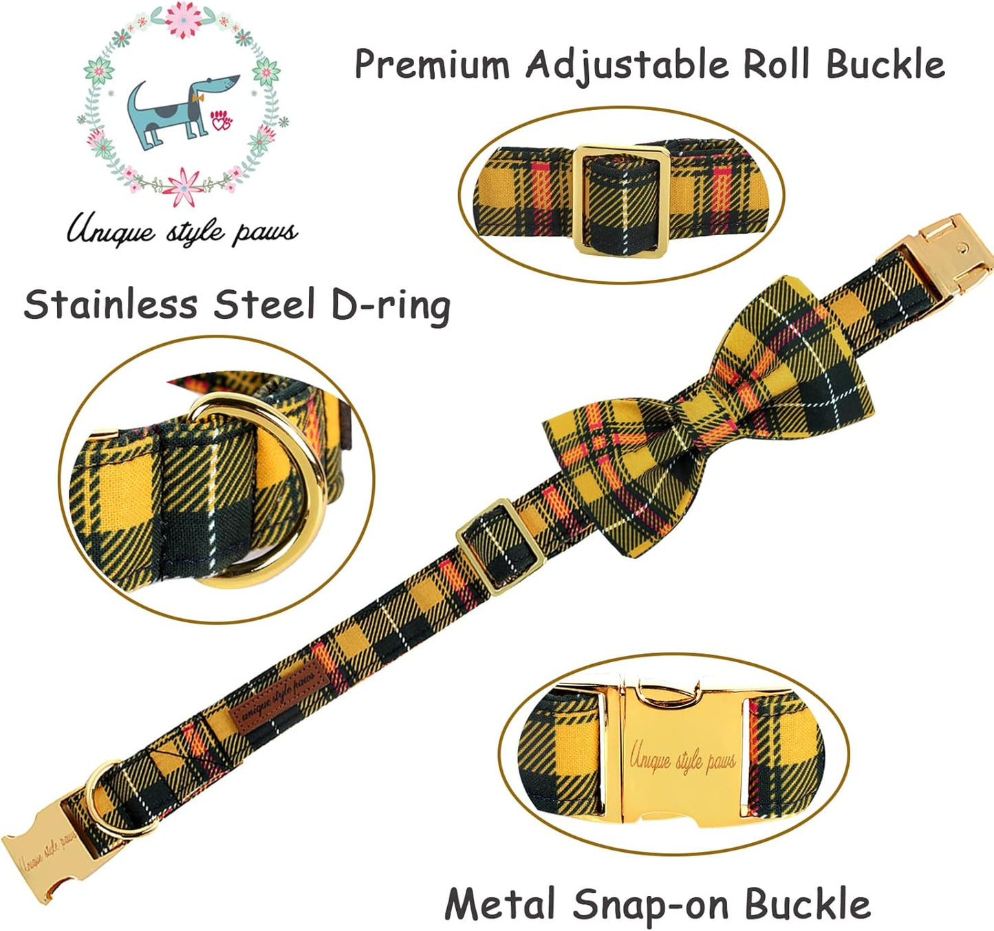 Unique style paws Bowtie Dog Collar Cotton Plaid Collar Adjustable Puppy Collar for Small Medium Large Dogs-XS