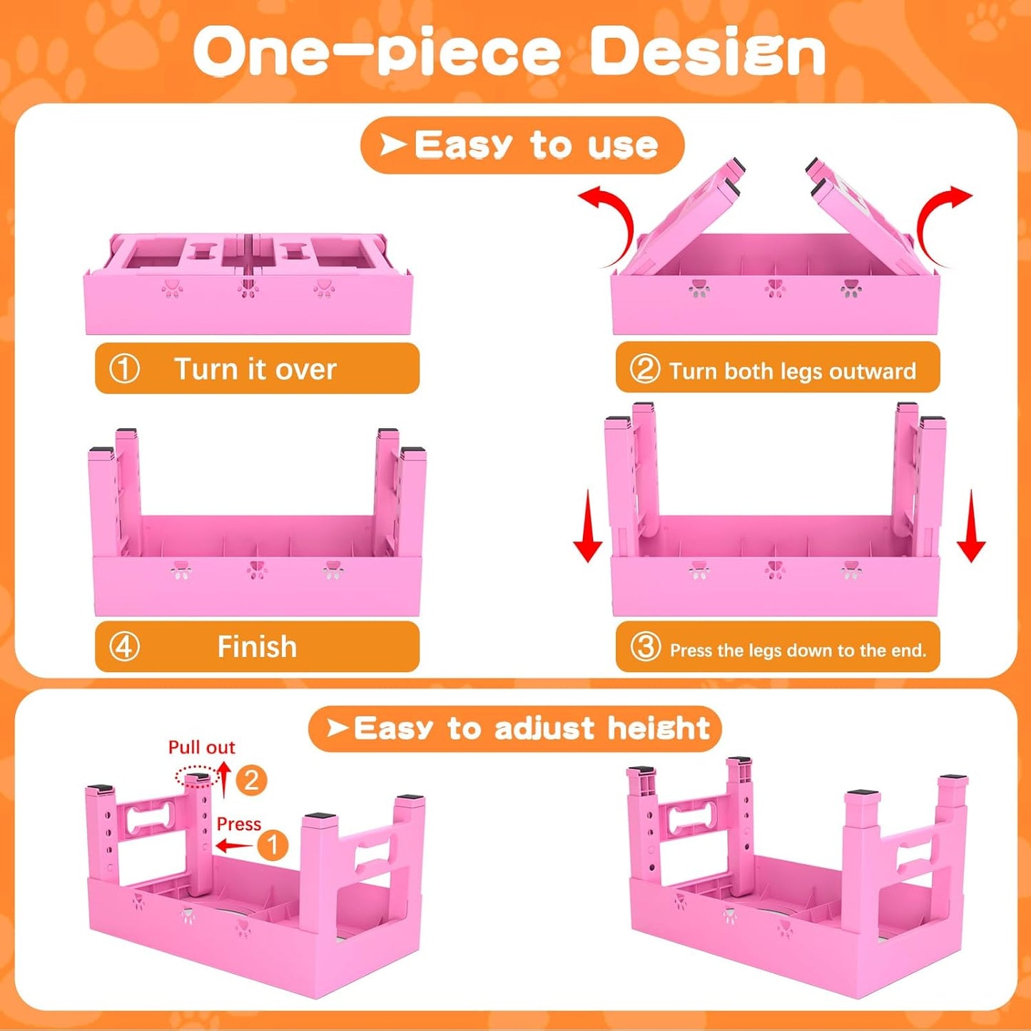 Elevated Dog Bowls with 2 Stainless Steel Bowls, Raised Dog Food Bowl Stand 5 Height Adjustable (3.1", 9", 10", 11", 12") Non-Slip Feeder Set for Medium and Large Dogs - Pink