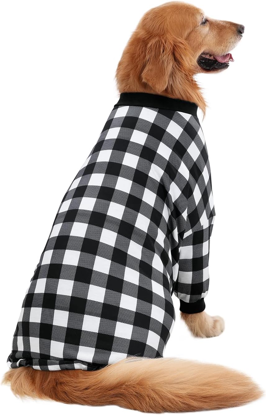 HDE Dog Pajamas One Piece Jammies Jumpsuit Pet Clothes Outfit Stretchy Lightweight Comfy Shirt Pjs for M-3XL Dogs Black & White Buffalo Plaid - XL