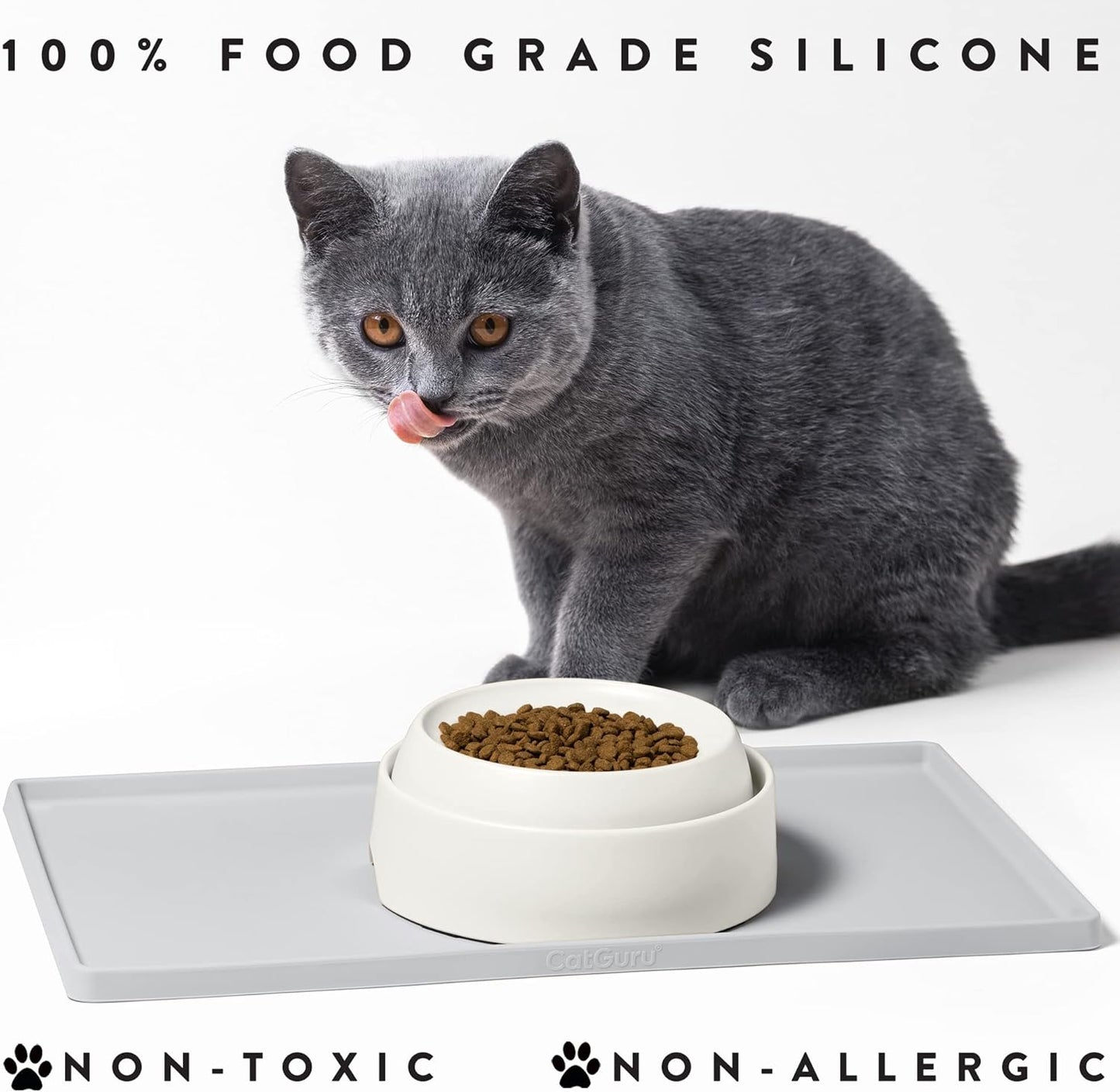 CatGuru Cat Food Mat, Small & Large Pet Feedingd Mat, 100% Waterproof Cat Mats for Food and Water, Silicone Mats for Pet Bowls, Non-Slip Placemat for Water Bowl or Fountain (Small, Silver)