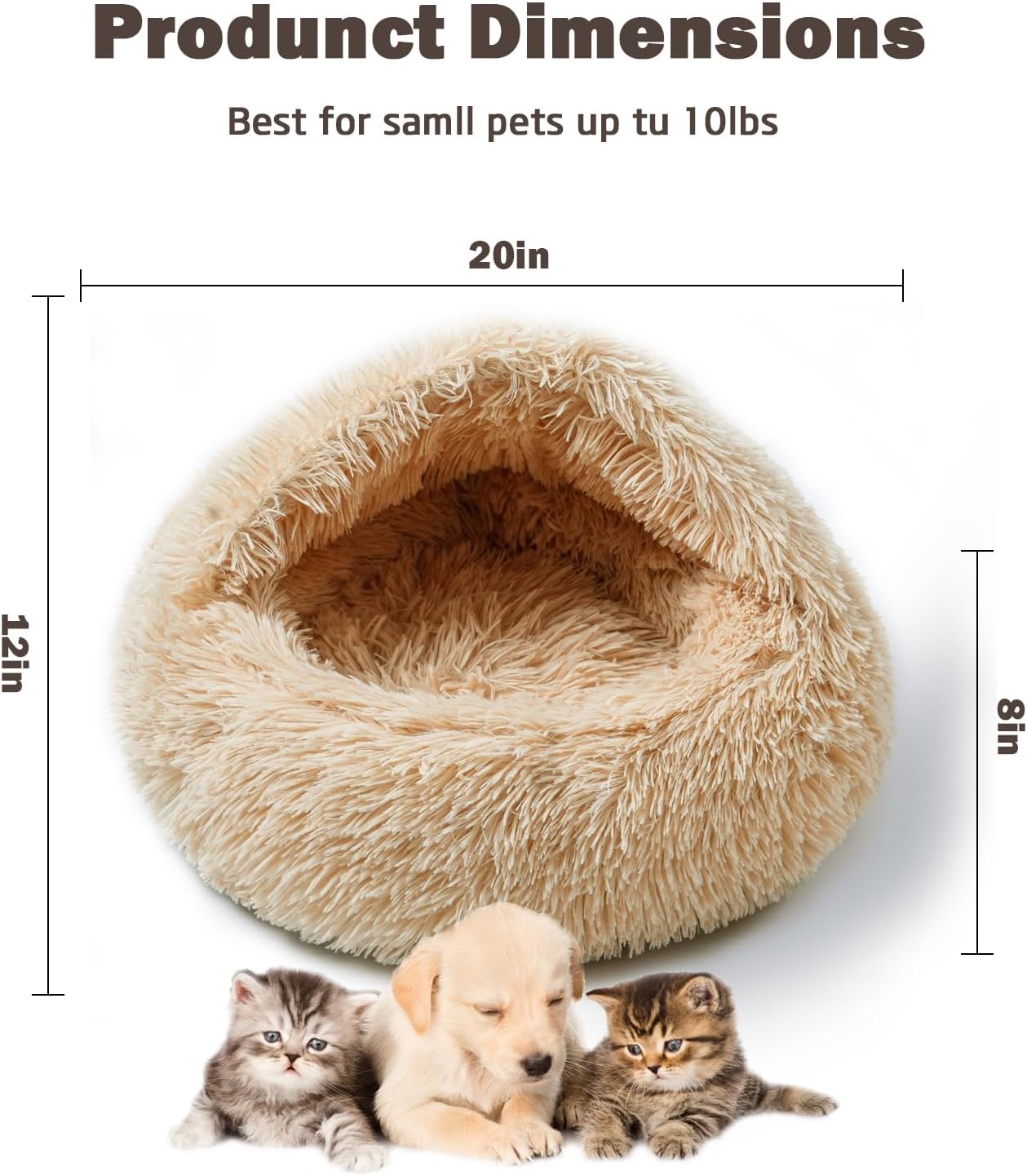 Cat Bed for Indoor Cats, Calming Cozy Cave with Self-Warming Plush, Entire Bed Machine Washable & Anti-Slip Base, Breathable Pet Bed for Small Cats&Dogs All Seasons (Apricot Color, 20 * 20inch)