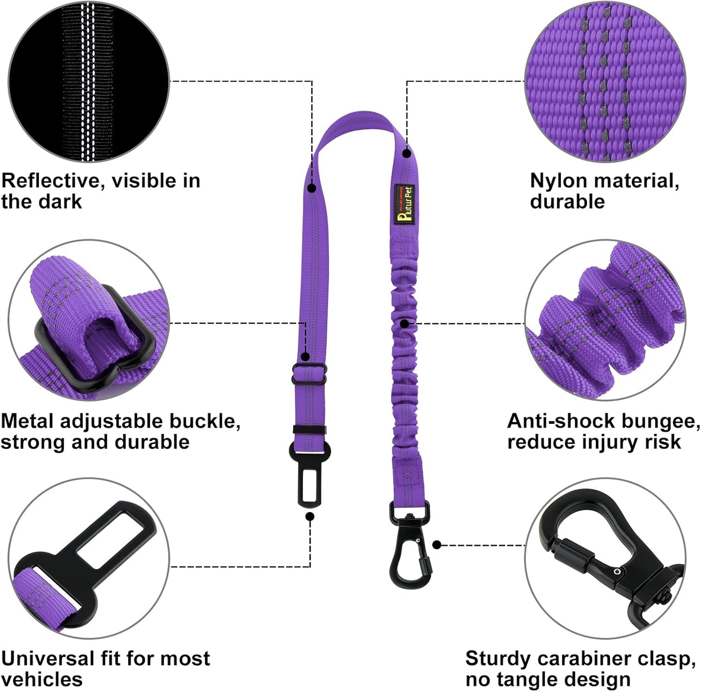 Plutus Pet Dog Seat Belt for Car, Adjustable Dog Car Harness with Carabiner Clip, Reflective Safety Dog Seatbelt Leash with Elastic Bungee, Purple