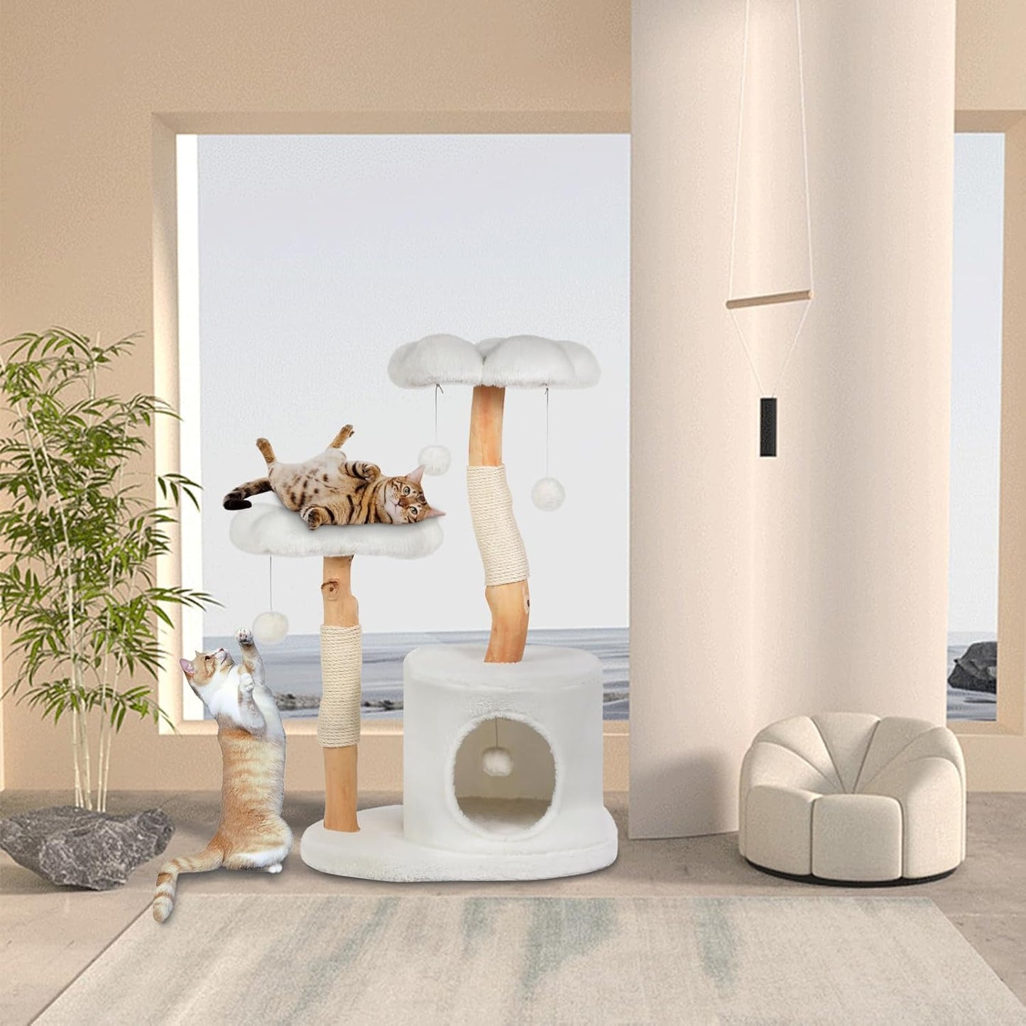 Cute Cat Tree Tower for Indoor Cats Adult, Wood Flower Cat Trees with 6 Pompoms, Modern Cat Tree Tower with Scratching Post, Aesthetic Luxury Cat Condo for Cats Kitten, Alpine White