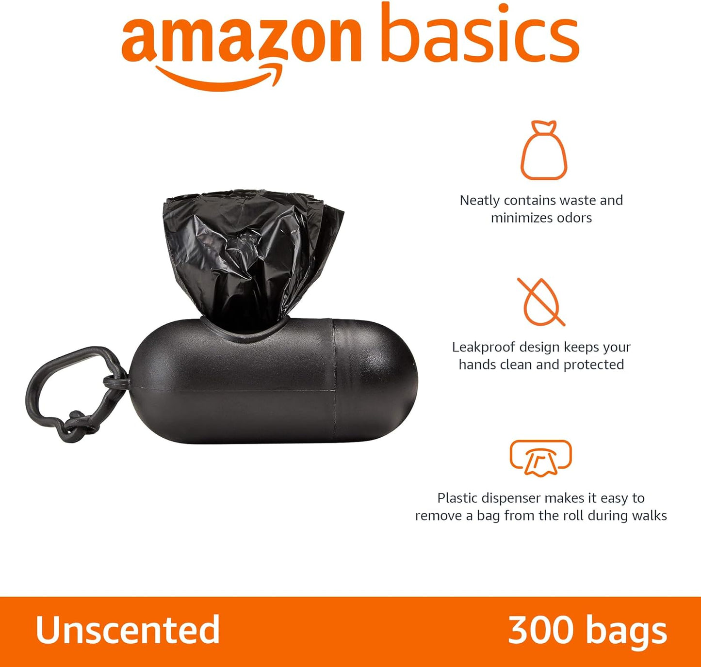 Amazon Basics Dog Poop Leak Proof Bags with Dispenser and Leash Clip, Unscented, 300 Count, 20 Pack of 15, Black, 13 x 9 Inch