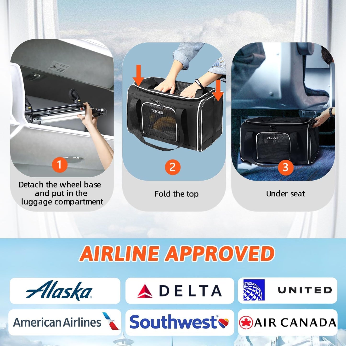 Petskd Top-Expandable Pet Carrier with Wheels 17x11x9.5 Inches Alaska Airline Approved, Soft-Sided Carrier for Small Cats Dogs with Locking Safety Zippers and Anti-Scratch Mesh(Black)